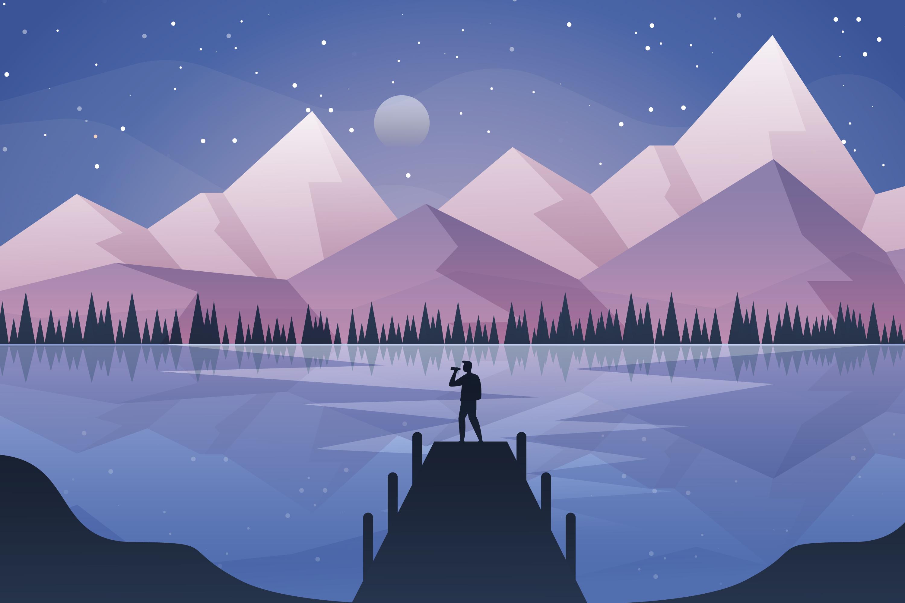 Silhouette of a person standing on a dock looking at a starry night sky over a lake and mountains